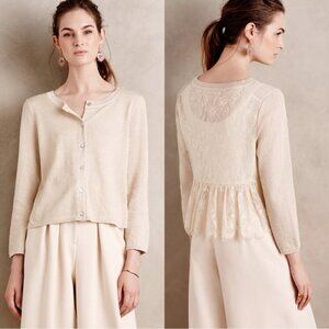 Anthropologie Knitted & Knotted Afterword Cardigan Sweater Beige Metallic Lace